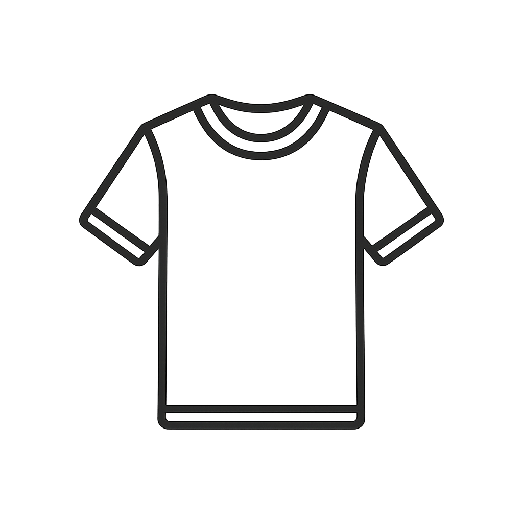 A simple line drawing of a t-shirt. The t-shirt is front facing, cropped slightly above the lower hem. The sleeve cuffs an...