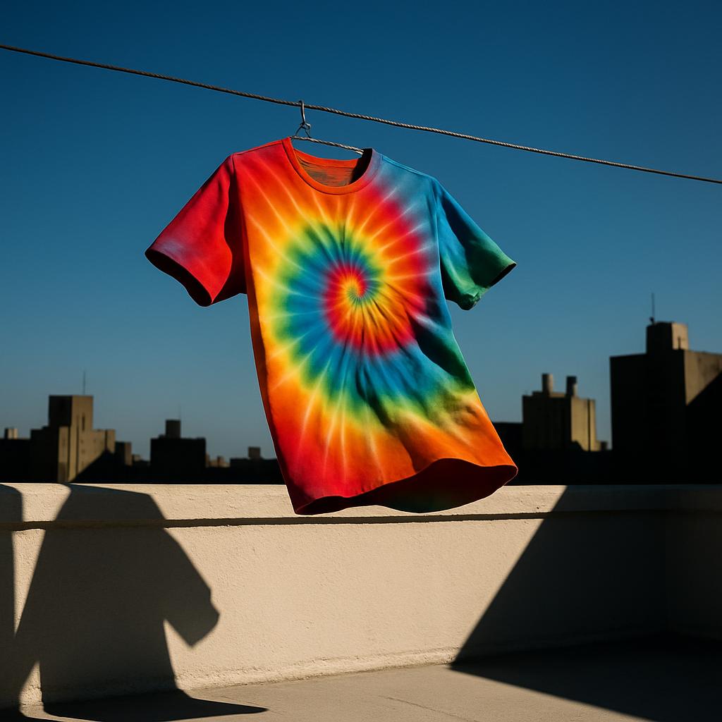 A vibrant tie-dye t-shirt hangs on a clothesline above a cityscape, set against a brilliant blue sky. The t-shirt's circul...