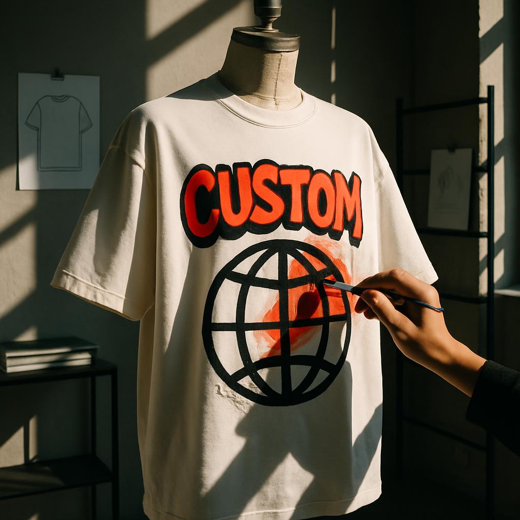 Hand-painted custom t-shirt design featuring the word "CUSTOM" in large orange graffiti-style letters over the top, and a ...