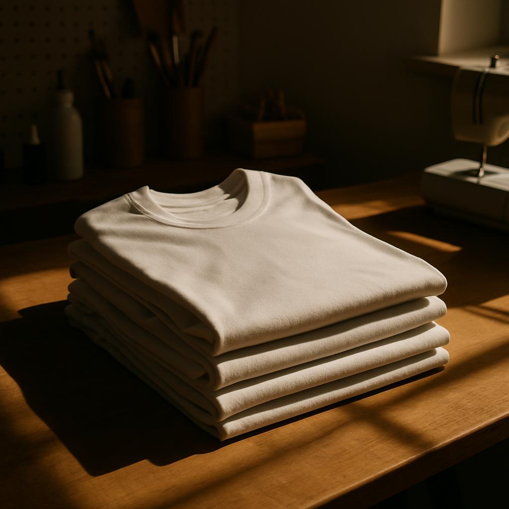A stack of folded blankets, illuminated by natural light entering through a window from the right side, casting shadows on...