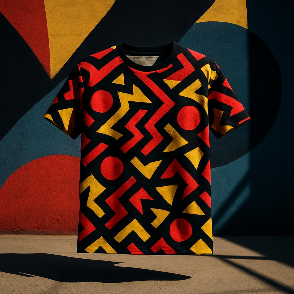 a t-shirt with an intricate black, red, and gold pattern in a funky geometric design.