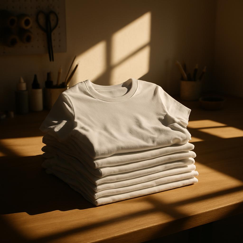 A stack of white t-shirts on a wooden table, photographed in natural sunlight with shadows.